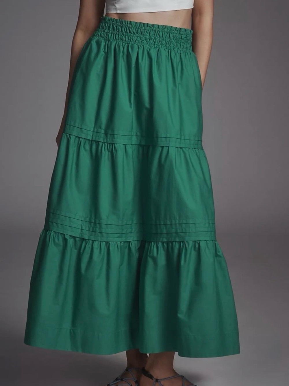 Anthropologie Somerset Emerald Kelly Green Tiered Maxi Skirt